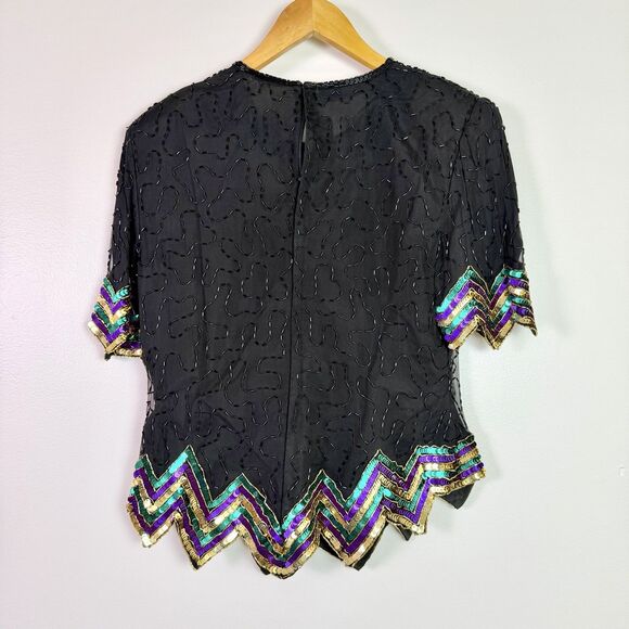 Vintage Scala Silk Beaded Sequin Top Petite Medium Art Deco Glam Flawed Zipper - Picture 13 of 15